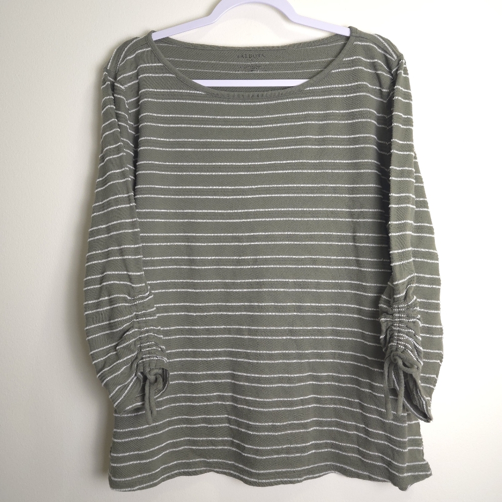 Talbots Basic Classic Cozy Olive Green Striped Lo… - image 1
